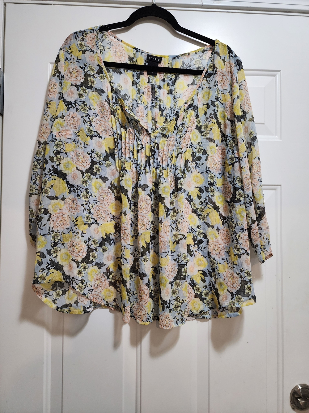 Torrid Yellow Boho Floral Chiffon Pintuck Peasant Blouse Plus Size 1X